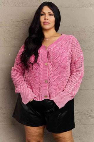 Shop HEYSON Soft Focus Full Size Wash Cable Knit Cardigan in Fuchsia Now On Klozey Store - Trendy U.S. Premium Women Apparel & Accessories And Be Up-To-Fashion!