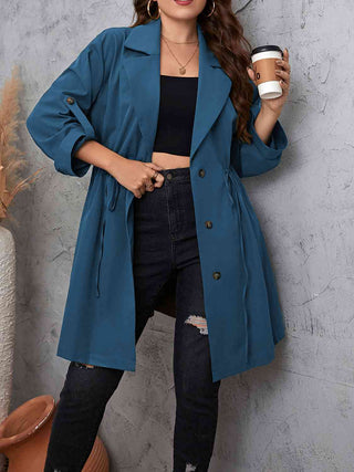 Shop Plus Size Lapel Collar Drawstring Roll-Tab Sleeve Trench Coat Now On Klozey Store - Trendy U.S. Premium Women Apparel & Accessories And Be Up-To-Fashion!