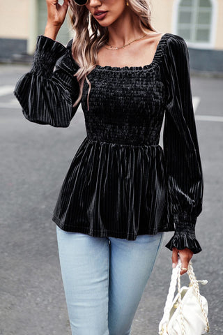 Shop Smocked Square Neck Long Sleeve Blouse Now On Klozey Store - Trendy U.S. Premium Women Apparel & Accessories And Be Up-To-Fashion!