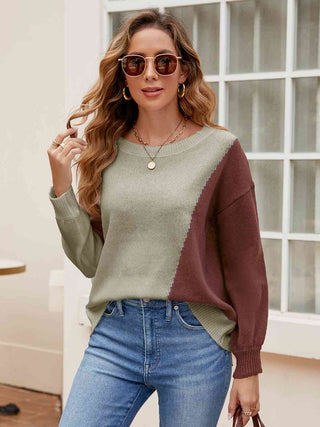 Shop Contrast Round Neck Long Sleeve Knit Top Now On Klozey Store - Trendy U.S. Premium Women Apparel & Accessories And Be Up-To-Fashion!