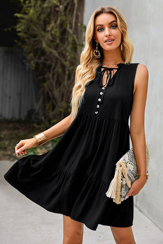 Shop Tie Neck Tiered Dress with Decorative Buttons Now On Klozey Store - Trendy U.S. Premium Women Apparel & Accessories And Be Up-To-Fashion!