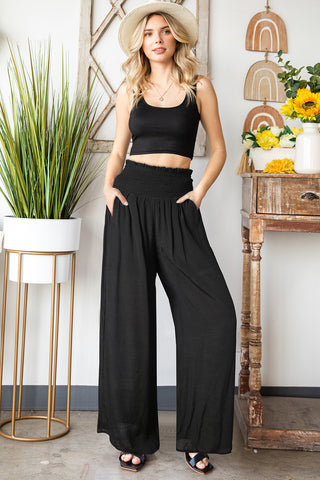 Shop Smocked Waist Wide Leg Pants with Pockets Now On Klozey Store - Trendy U.S. Premium Women Apparel & Accessories And Be Up-To-Fashion!