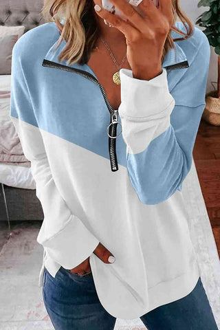Shop Contrast Zip-Up Collared Neck Dropped Shoulder Blouse Now On Klozey Store - Trendy U.S. Premium Women Apparel & Accessories And Be Up-To-Fashion!