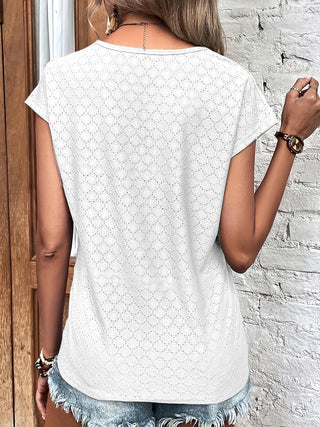 Shop Eyelet V-Neck Cap Sleeve Blouse Now On Klozey Store - Trendy U.S. Premium Women Apparel & Accessories And Be Up-To-Fashion!