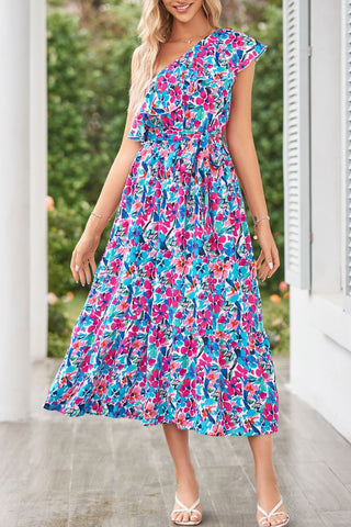 Shop Ruffled Floral One Shoulder Dress Now On Klozey Store - Trendy U.S. Premium Women Apparel & Accessories And Be Up-To-Fashion!