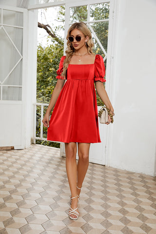 Shop Ruched Square Neck Flounce Sleeve Mini Dress Now On Klozey Store - Trendy U.S. Premium Women Apparel & Accessories And Be Up-To-Fashion!