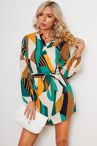 Shop Geometric Print Belted Curved Hem Dress Now On Klozey Store - Trendy U.S. Premium Women Apparel & Accessories And Be Up-To-Fashion!