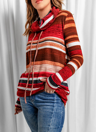 Shop Striped Cowl Neck Tunic Sweatshirt Now On Klozey Store - Trendy U.S. Premium Women Apparel & Accessories And Be Up-To-Fashion!