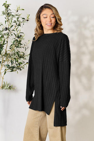 Shop Basic Bae Full Size Ribbed Round Neck Long Sleeve Slit Top Now On Klozey Store - Trendy U.S. Premium Women Apparel & Accessories And Be Up-To-Fashion!