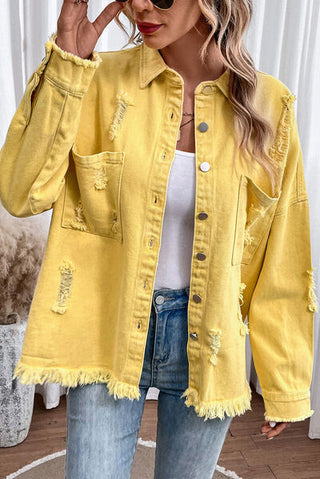 Shop Distressed Button Up Raw Hem Denim Jacket Now On Klozey Store - Trendy U.S. Premium Women Apparel & Accessories And Be Up-To-Fashion!