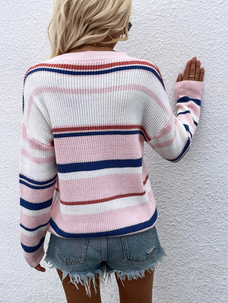 Shop Striped Drop Shoulder Round Neck Pullover Sweater Now On Klozey Store - Trendy U.S. Premium Women Apparel & Accessories And Be Up-To-Fashion!