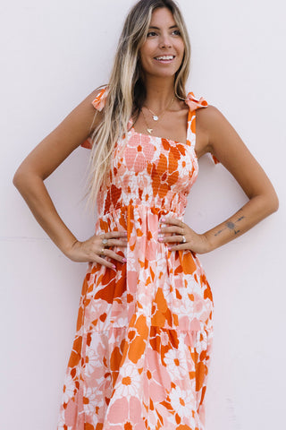 Shop Floral Tie-Shoulder Smocked Maxi Dress Now On Klozey Store - Trendy U.S. Premium Women Apparel & Accessories And Be Up-To-Fashion!