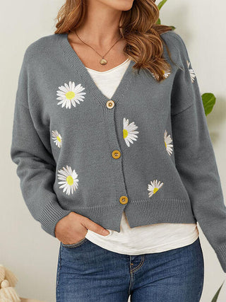 Shop Flower Button Front Dropped Shoulder Cardigan Now On Klozey Store - Trendy U.S. Premium Women Apparel & Accessories And Be Up-To-Fashion!