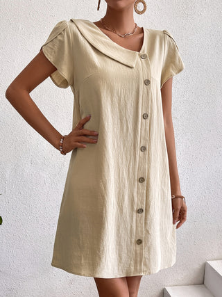 Shop Decorative Button Asymmetrical Neck Short Sleeve Dress Now On Klozey Store - Trendy U.S. Premium Women Apparel & Accessories And Be Up-To-Fashion!