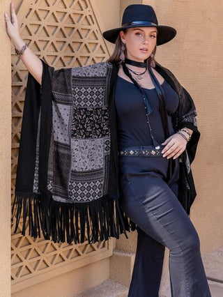 Shop Plus Size Printed Fringe Open Front Outerwear Now On Klozey Store - Trendy U.S. Premium Women Apparel & Accessories And Be Up-To-Fashion!