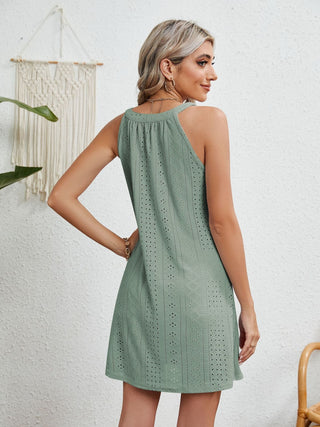 Shop Eyelet Grecian Neck Mini Dress Now On Klozey Store - Trendy U.S. Premium Women Apparel & Accessories And Be Up-To-Fashion!