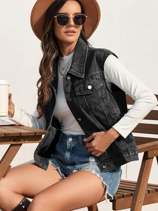 Shop Collared Neck Sleeveless Denim Jacket Now On Klozey Store - Trendy U.S. Premium Women Apparel & Accessories And Be Up-To-Fashion!