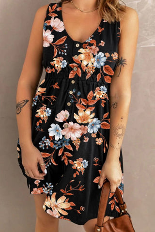 Shop Double Take Printed Scoop Neck Sleeveless Buttoned Magic Dress with Pockets Now On Klozey Store - Trendy U.S. Premium Women Apparel & Accessories And Be Up-To-Fashion!