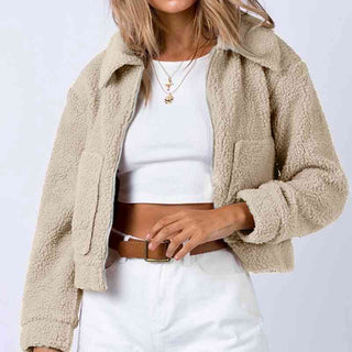 Shop Long Sleeve Collared Neck Sherpa Jacket Now On Klozey Store - Trendy U.S. Premium Women Apparel & Accessories And Be Up-To-Fashion!
