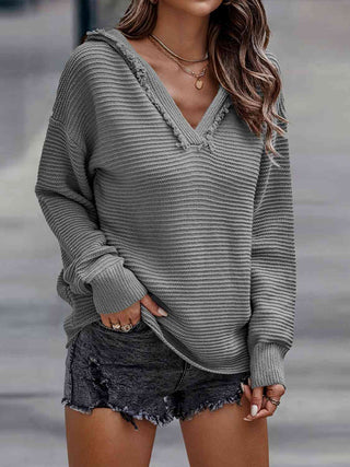 Shop Ribbed Fringed V-Neck Hooded Sweater Now On Klozey Store - Trendy U.S. Premium Women Apparel & Accessories And Be Up-To-Fashion!