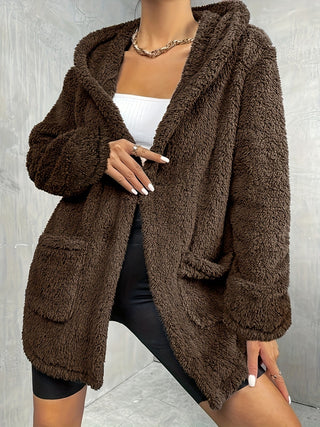 Shop Fuzzy Pocketed Open Front Hooded Jacket Now On Klozey Store - Trendy U.S. Premium Women Apparel & Accessories And Be Up-To-Fashion!