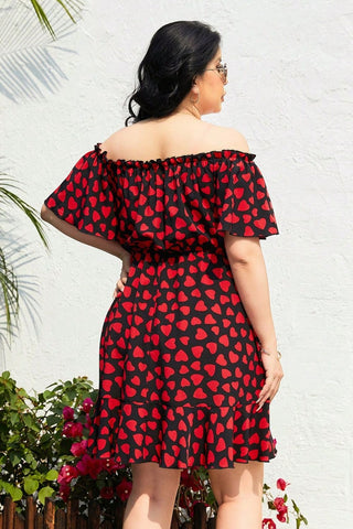 Shop Plus Size Heart Print Off-Shoulder Tied Dress Now On Klozey Store - Trendy U.S. Premium Women Apparel & Accessories And Be Up-To-Fashion!
