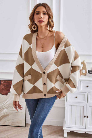 Shop Geometric Lantern Sleeve Cardigan with Pockets Now On Klozey Store - Trendy U.S. Premium Women Apparel & Accessories And Be Up-To-Fashion!