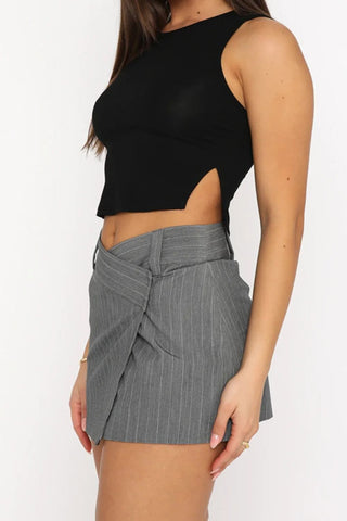 Shop Pinstripe Crossover Waist Mini Skirt Now On Klozey Store - Trendy U.S. Premium Women Apparel & Accessories And Be Up-To-Fashion!