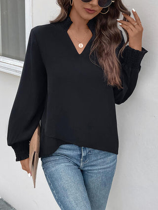 Shop Smocked Notched Long Sleeve Blouse Now On Klozey Store - Trendy U.S. Premium Women Apparel & Accessories And Be Up-To-Fashion!