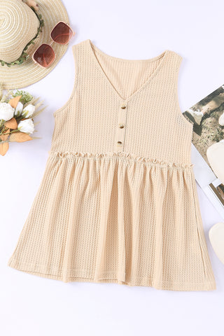 Shop Decorative Button V-Neck Waffle-Knit Babydoll Tank Now On Klozey Store - Trendy U.S. Premium Women Apparel & Accessories And Be Up-To-Fashion!