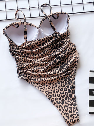 Shop Ruched Leopard Spaghetti Strap One-Piece Swimwear Now On Klozey Store - Trendy U.S. Premium Women Apparel & Accessories And Be Up-To-Fashion!