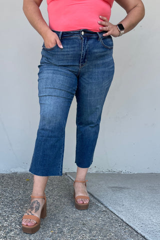 Shop Judy Blue Renee Full Size Medium Wash Wide Leg Cropped Jeans Now On Klozey Store - Trendy U.S. Premium Women Apparel & Accessories And Be Up-To-Fashion!