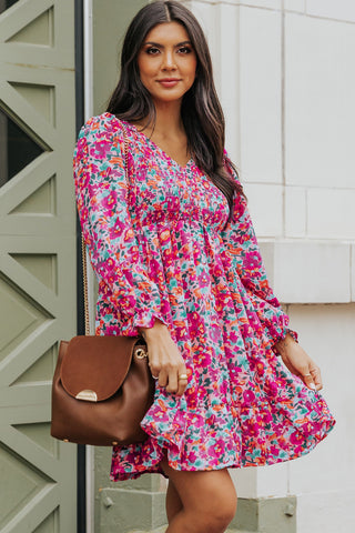 Shop Floral Smocked V-Neck Flounce Sleeve Dress Now On Klozey Store - Trendy U.S. Premium Women Apparel & Accessories And Be Up-To-Fashion!