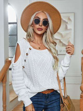 Shop Decorative Button Cold-Shoulder Sweater Now On Klozey Store - Trendy U.S. Premium Women Apparel & Accessories And Be Up-To-Fashion!