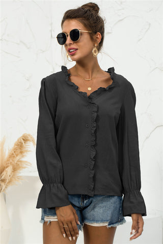 Shop Frill Trim V-Neck Flounce Sleeve Shirt Now On Klozey Store - Trendy U.S. Premium Women Apparel & Accessories And Be Up-To-Fashion!