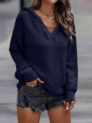 Shop Ribbed Fringed V-Neck Hooded Sweater Now On Klozey Store - Trendy U.S. Premium Women Apparel & Accessories And Be Up-To-Fashion!