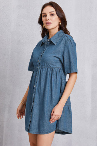 Shop Button Up Collared Neck Tiered Denim Dress Now On Klozey Store - Trendy U.S. Premium Women Apparel & Accessories And Be Up-To-Fashion!