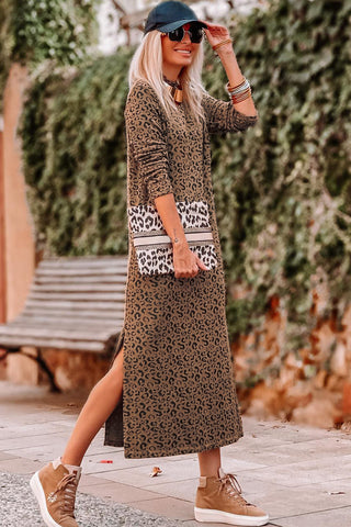 Shop Round Neck Leopard Print Long Sleeve Slit Dress Now On Klozey Store - Trendy U.S. Premium Women Apparel & Accessories And Be Up-To-Fashion!