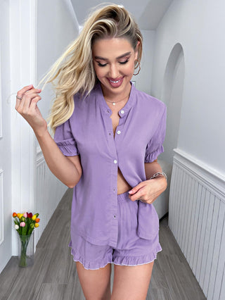 Shop Flounce Sleeve Shirt and Frill Trim Shorts Lounge Set Now On Klozey Store - Trendy U.S. Premium Women Apparel & Accessories And Be Up-To-Fashion!