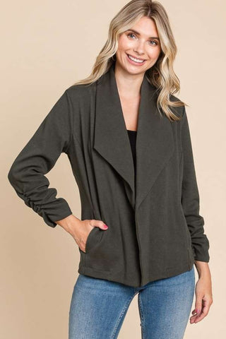 Shop Culture Code Full Size Ruched Open Front Long Sleeve Jacket Now On Klozey Store - Trendy U.S. Premium Women Apparel & Accessories And Be Up-To-Fashion!