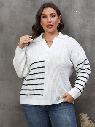 Shop Plus Size Striped V-Neck Sweater Now On Klozey Store - Trendy U.S. Premium Women Apparel & Accessories And Be Up-To-Fashion!