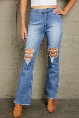 Shop Baeful Distressed Raw Hem High-Waist Flare Jeans Now On Klozey Store - Trendy U.S. Premium Women Apparel & Accessories And Be Up-To-Fashion!