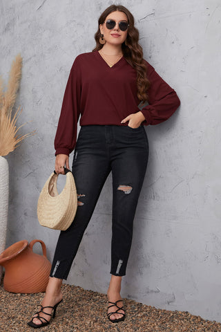Shop Plus Size V-Neck Dropped Shoulder Blouse Now On Klozey Store - Trendy U.S. Premium Women Apparel & Accessories And Be Up-To-Fashion!