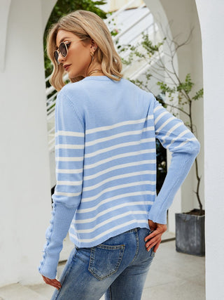Shop Striped Decorative Button Knit Top Now On Klozey Store - Trendy U.S. Premium Women Apparel & Accessories And Be Up-To-Fashion!