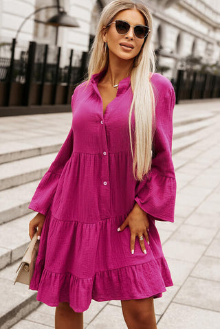 Shop Buttoned Flare Sleeve Tiered Dress Now On Klozey Store - Trendy U.S. Premium Women Apparel & Accessories And Be Up-To-Fashion!