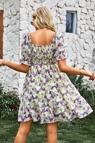 Shop Floral Square Neck Smocked Frill Trim Dress Now On Klozey Store - Trendy U.S. Premium Women Apparel & Accessories And Be Up-To-Fashion!