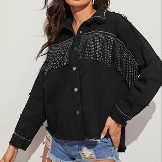 Shop Fringe Detail Button-Down Collared Neck Denim Jacket Now On Klozey Store - Trendy U.S. Premium Women Apparel & Accessories And Be Up-To-Fashion!