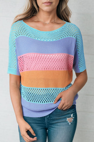 Shop Color Block Openwork Round Neck Pullover Sweater Now On Klozey Store - Trendy U.S. Premium Women Apparel & Accessories And Be Up-To-Fashion!