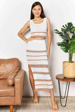 Shop Double Take Striped Openwork Cropped Tank and Split Skirt Set Now On Klozey Store - Trendy U.S. Premium Women Apparel & Accessories And Be Up-To-Fashion!