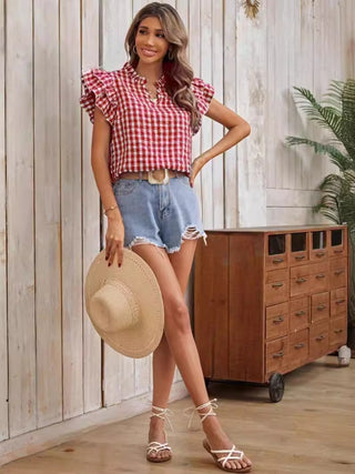 Shop Ruffled Plaid Notched Cap Sleeve Blouse Now On Klozey Store - Trendy U.S. Premium Women Apparel & Accessories And Be Up-To-Fashion!